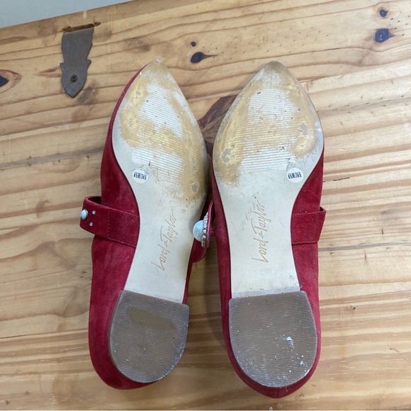 Lord &Taylor size 6.5 Red Suede Flats with Stones on Strap Good Condition - Picture 6 of 12